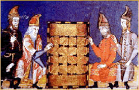 Dos caballeros acompañados de sus asesores juegan al Alquerque en esta ilustración del libro de los juegos de Alfonso X, elaborado en la corte de Sevilla en 1283.