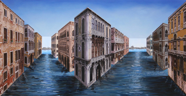 Patrick Hughes, "Vanishing Venice" http://en.wikipedia.org/wiki/File:Vanishing_Venice_-_Patrick_Hughes.jpg