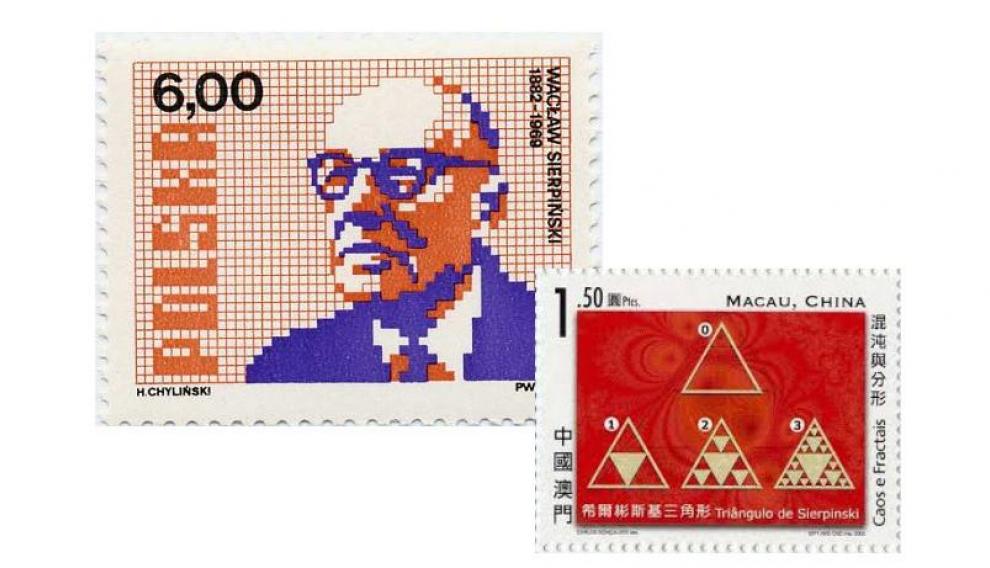 Sierpinski y su triángulo en sellos de Polonia (1982) y Macau (2005)