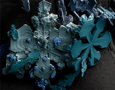 Copo de nieve visto a través de un microscopio electrónico