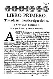 Primera página del libro I de la Aritmética de Puig en la que se    cita al “eminente filosofo, Príncipe de las Matemáticas Euclides”