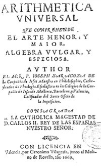 Portada del libro de aritmética y álgebra de J. Zaragoza