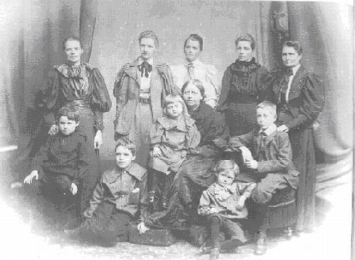 Figura 2: Alicia con sus hermanas, su madre y varios descendientes. De derecha a izquierda, de arriba a abajo: M. Taylor, E.L. Voynich, A. Boole Stott, L.E. Boole, M.E. Hinton, J. Taylor, M. Stott, M. Everest Boole, G. Hinton, G.I. Taylor, L. Stott.