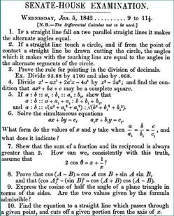 Hoja con problemas del tripos matemático de 1842